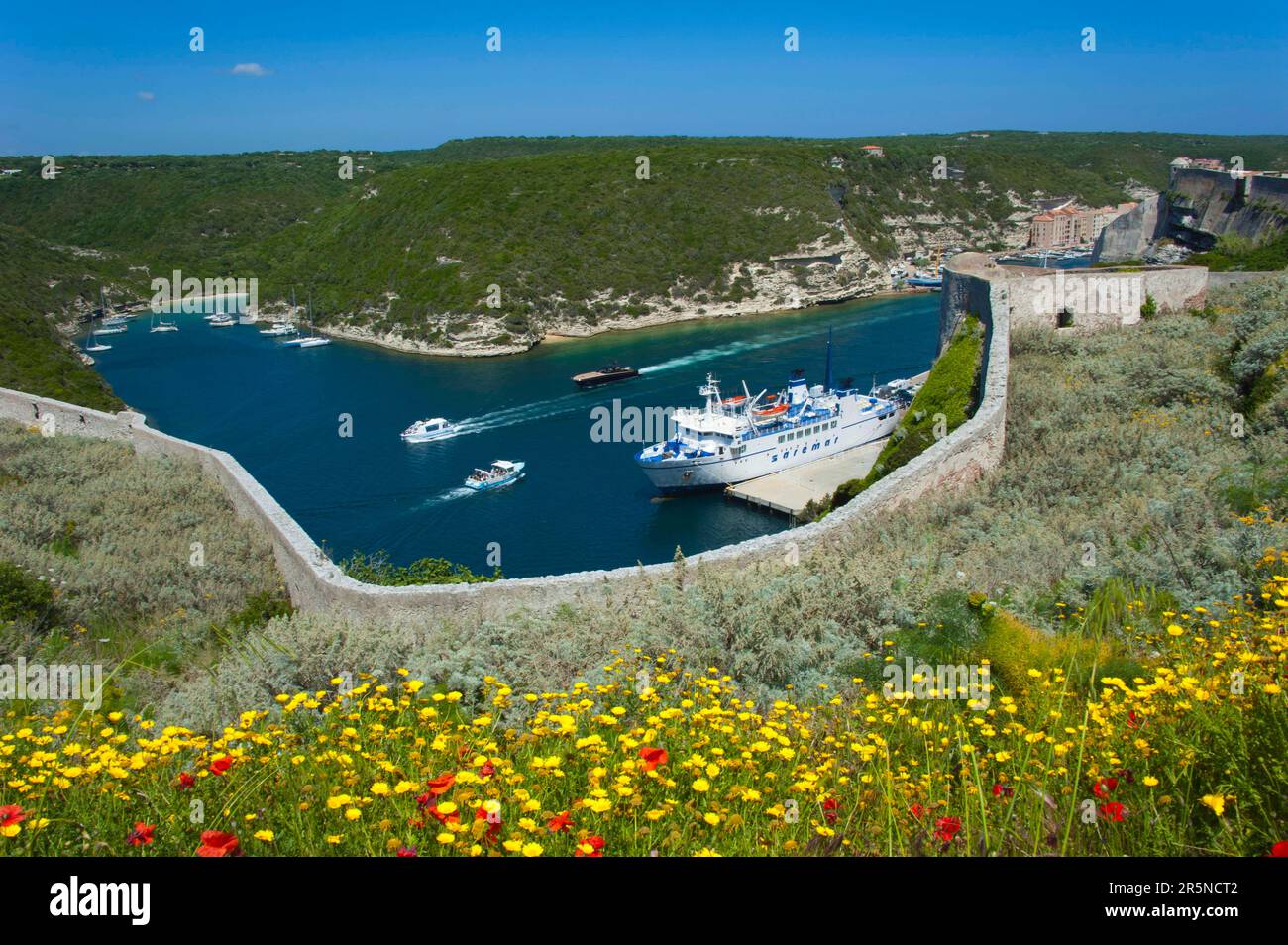 Ferry, Fjord, Goulet de Bonifacio, Bonifacio, Corse, France, haute-ville Banque D'Images