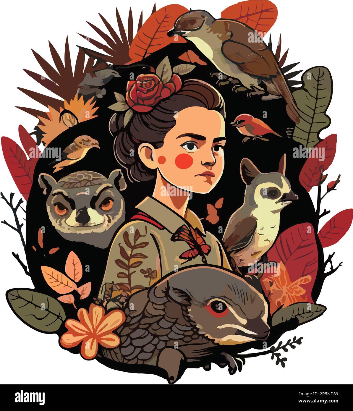 Vecteur de Frida Kahlo avec des animaux sauvages Illustration de Vecteur