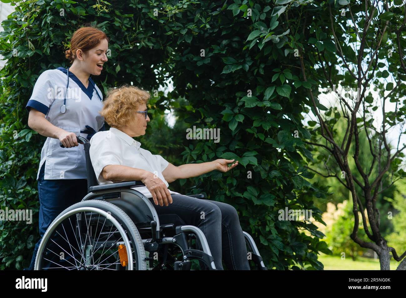 Une femme de race blanche marche avec un patient âgé en fauteuil roulant dans le parc. Une infirmière accompagne une vieille femme lors d'une promenade à l'extérieur. Banque D'Images
