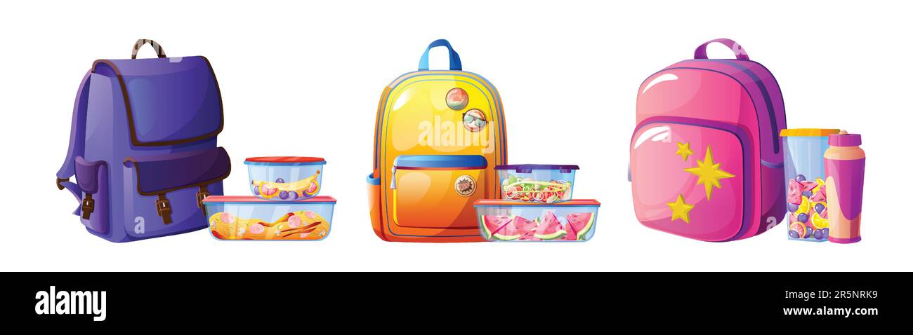 Panier repas en plastique pour l'école sac à dos vecteur illustration isolée. Ensemble de dessins animés pour l'emballage à emporter avec les fruits, les spaghetti et les limances de stockage de légumes et de salat. Repas préparé pour enfant Illustration de Vecteur