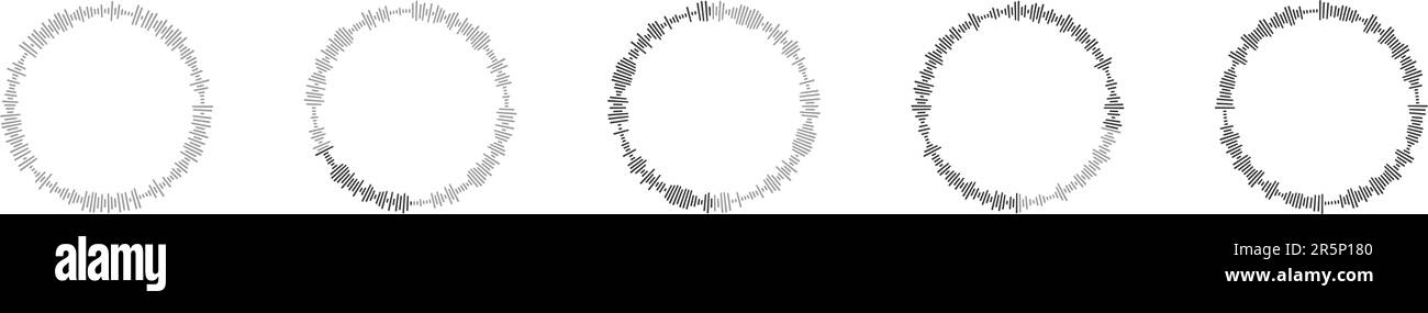 Arrondir les icônes de la barre de progression du chargement audio. Messages vocaux, fichiers audio, rythmes d'égaliseur en forme d'anneau. Messagerie en ligne, application mobile de podcast, éléments de lecteur multimédia. Illustration graphique vectorielle Illustration de Vecteur