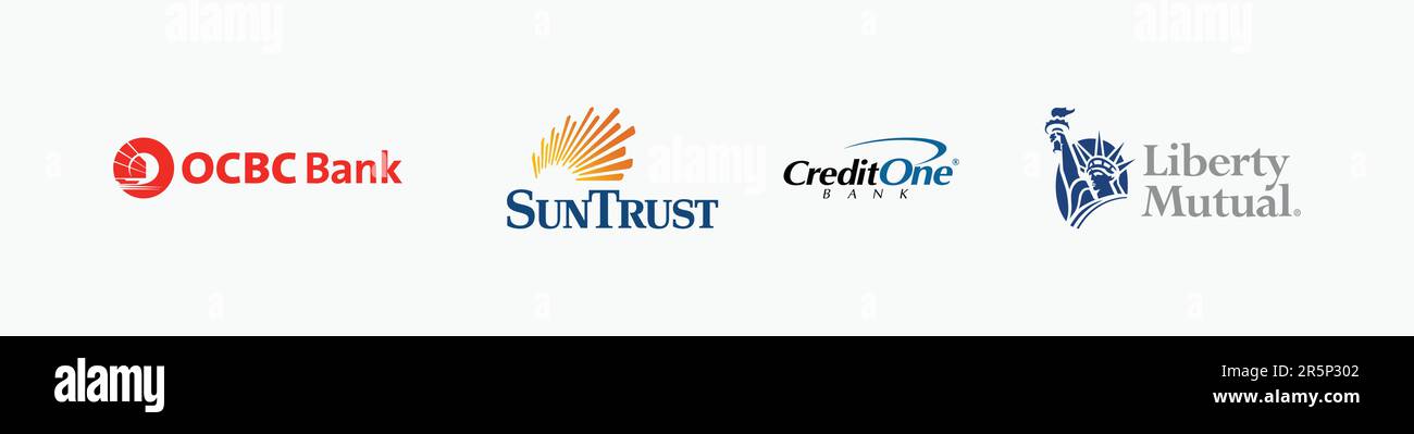 LOGO SUNTRUST, logo OCBC BANK, logo CREDIT ONE BANK, LOGO LIBERTY MUTUAL, logo Editorial Vector sur papier blanc. Illustration de Vecteur