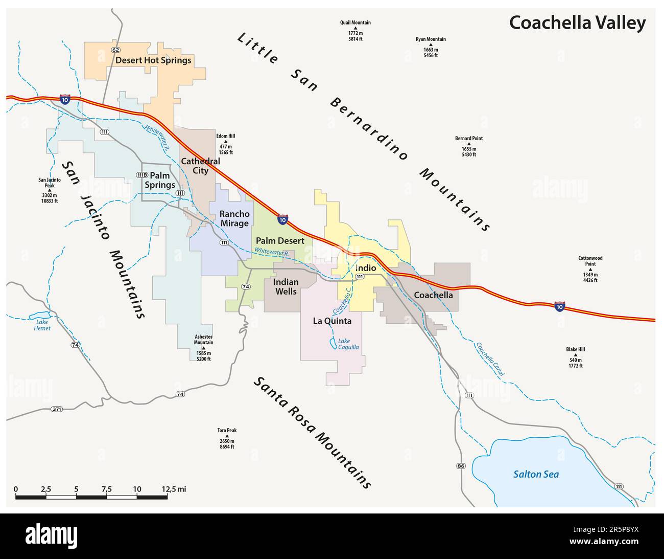 Carte routière vectorielle de la vallée de Coachella dans le comté de Riverside, Californie, États-Unis Banque D'Images