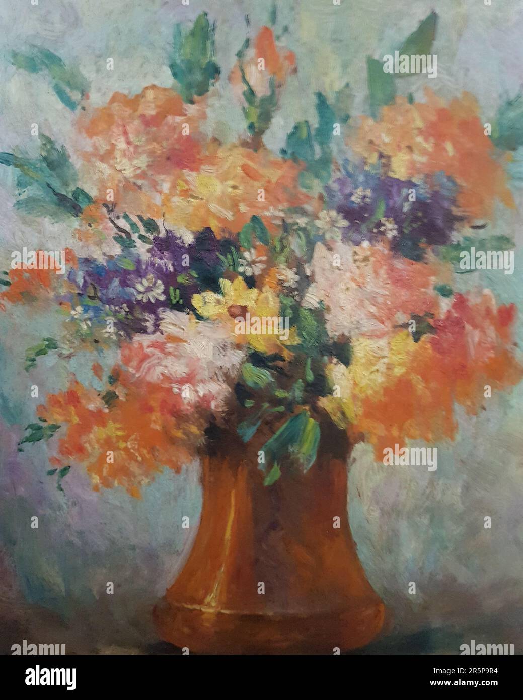 Peinture à l'huile sur toile de fleurs dans un vase. Banque D'Images