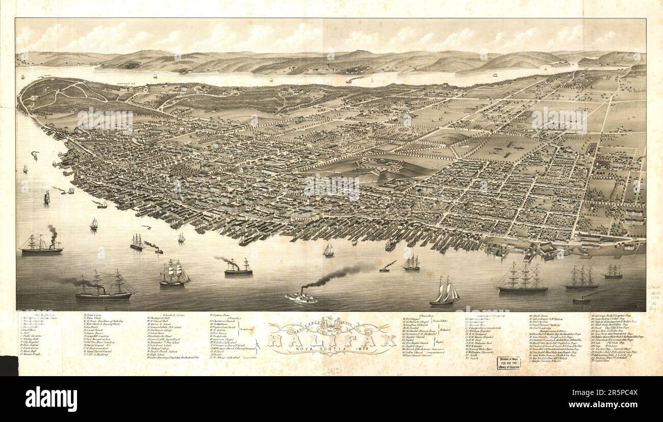 La carte panoramique montre Halifax, la capitale de la Nouvelle-Écosse, Canada, telle qu'elle est apparue en 1879. Port de Halifax Banque D'Images