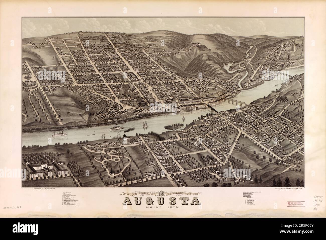 CARTE vue d'oiseau de la ville d'Augusta, Maine, 1878 'cette carte panoramique montre Augusta, Maine, tel qu'il est apparu en 1878. Augusta a été la capitale Banque D'Images