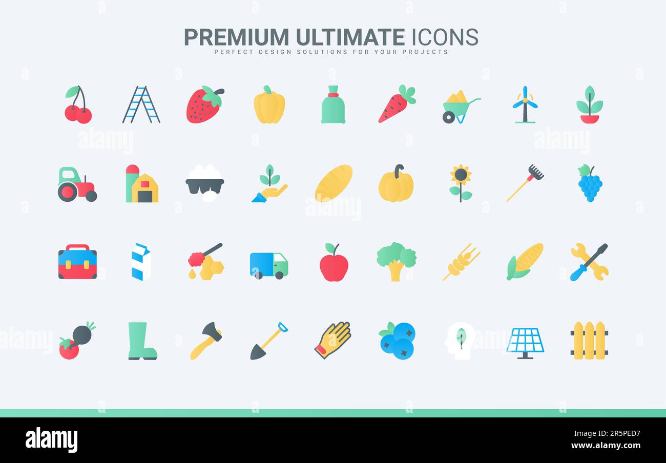 Récolte biologique, tracteur et camion, moulin à vent et panneau solaire de village écologique, équipement agricole agricole, machines pour l'agronomie. Agriculture agricole tendance plat icônes définir illustration vectorielle. Illustration de Vecteur