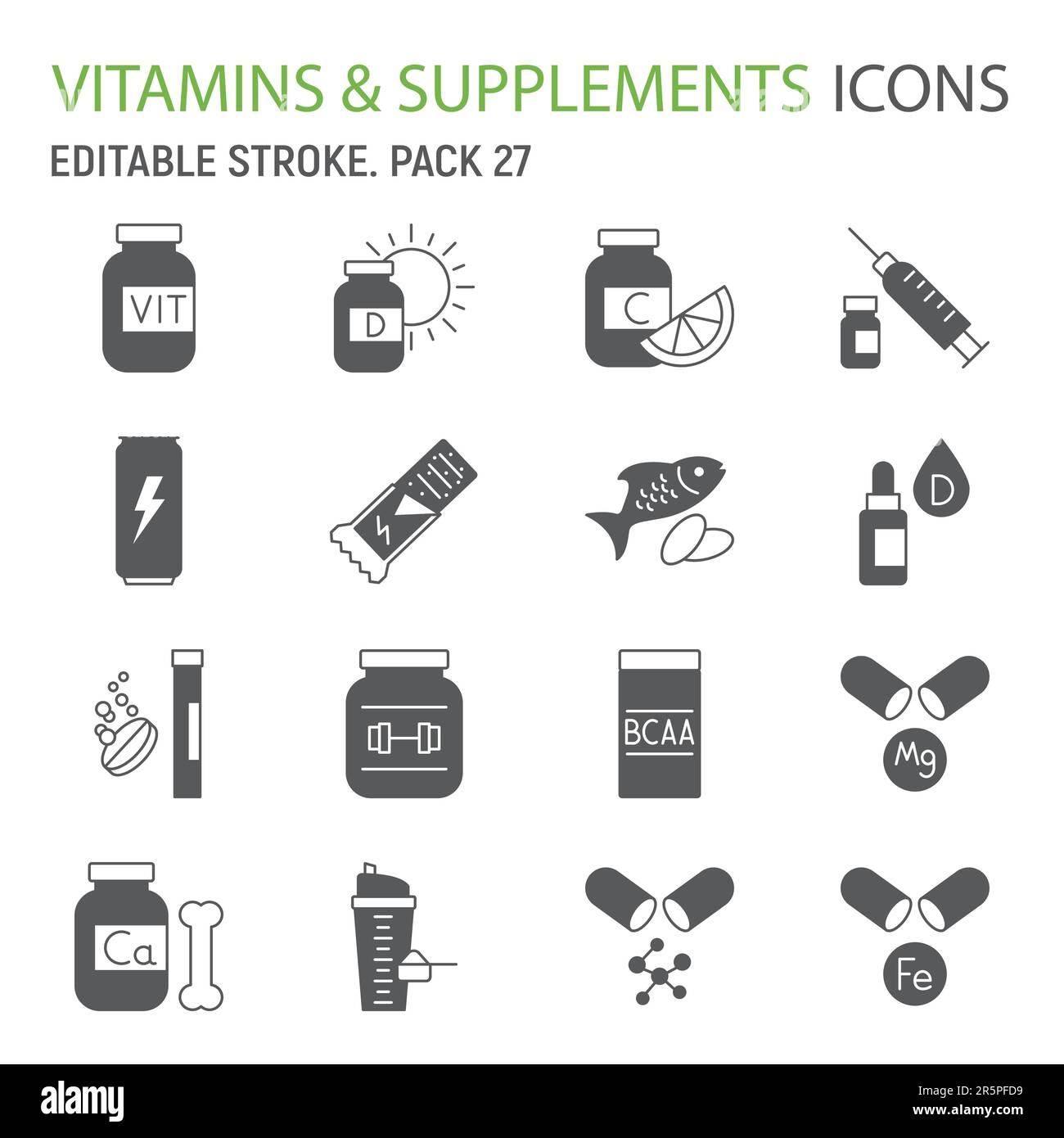 Vitamines et suppléments glyphe Icon set, collection de santé, suppléments sportifs graphiques vectoriels, illustrations de logo, minéraux icônes de vecteur, nutrition Illustration de Vecteur