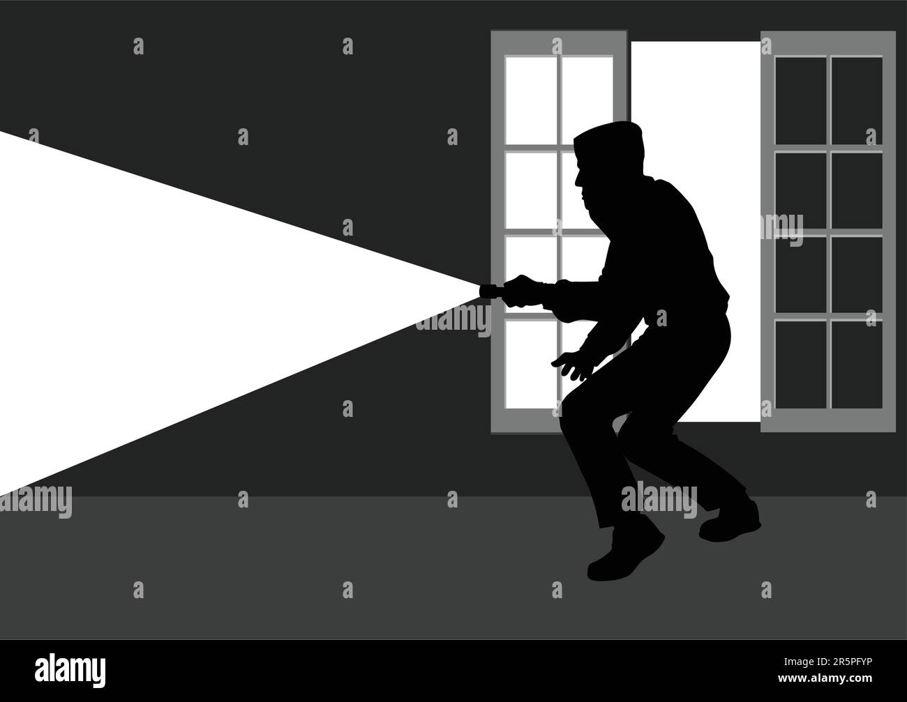 Silhouette illustration d'un voleur se brisent dans la maison par la fenêtre Illustration de Vecteur