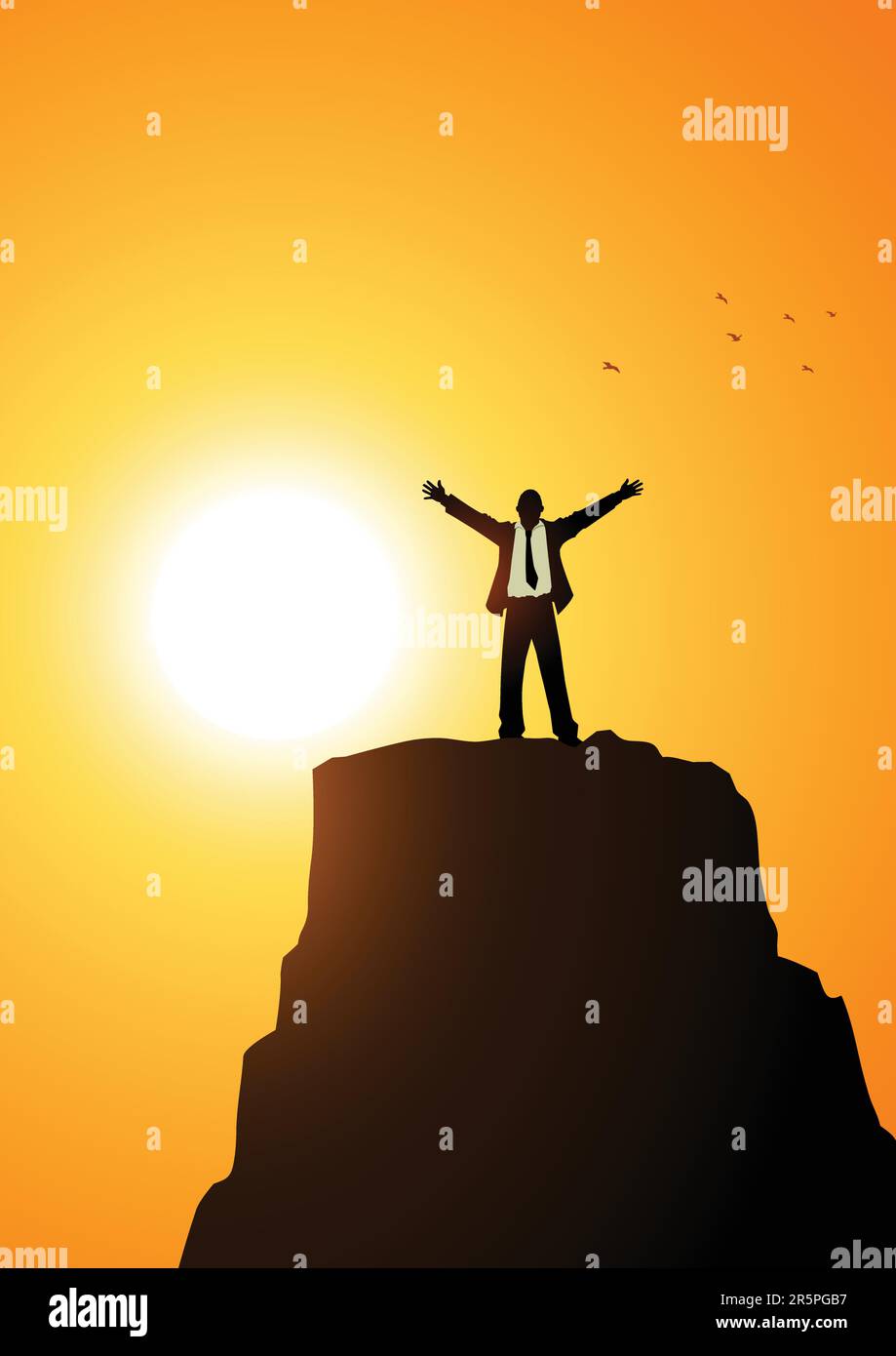 Silhouette d'un homme d'affaires debout avec des bras ouverts au sommet d'une montagne. Succès, détermination, concept de liberté Illustration de Vecteur Silhouette d'un homme d'affaires debout avec des bras ouverts au sommet d'une montagne. Succès, détermination, concept de liberté Illustration de Vecteur