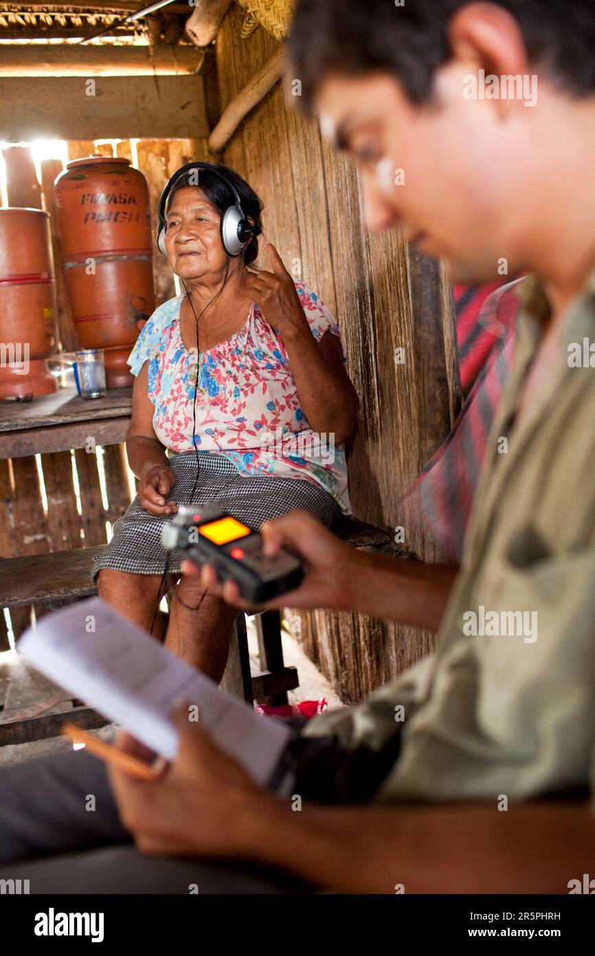 Un aîné de Oro Win travaille avec un linguiste comme il étudie et enregistre leur langue, Sao Luis Indian Post, Amazone Basin, Brésil. Banque D'Images