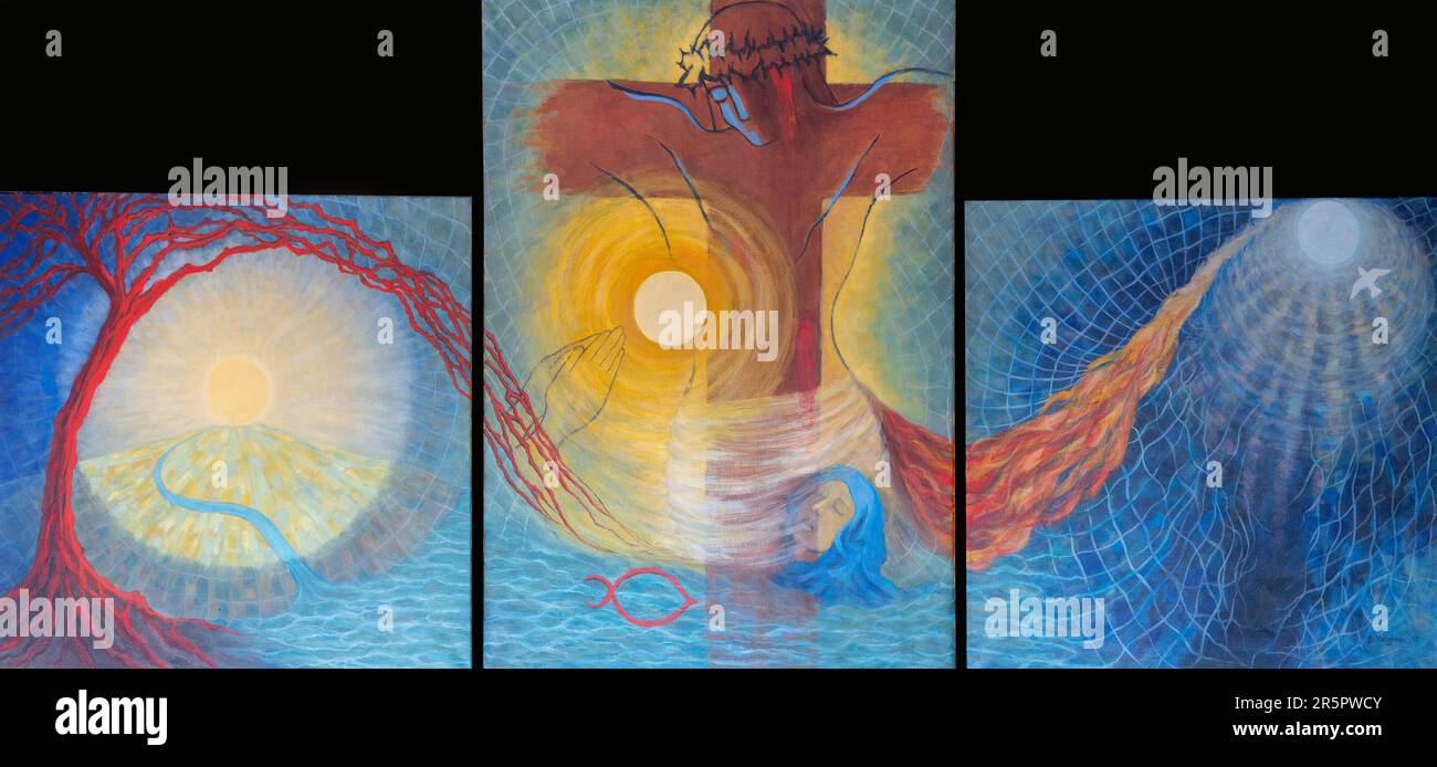Le triptyque de Betty Naughton dans l'église St Joseph, Wetherby, Yorkshire, Royaume-Uni Banque D'Images