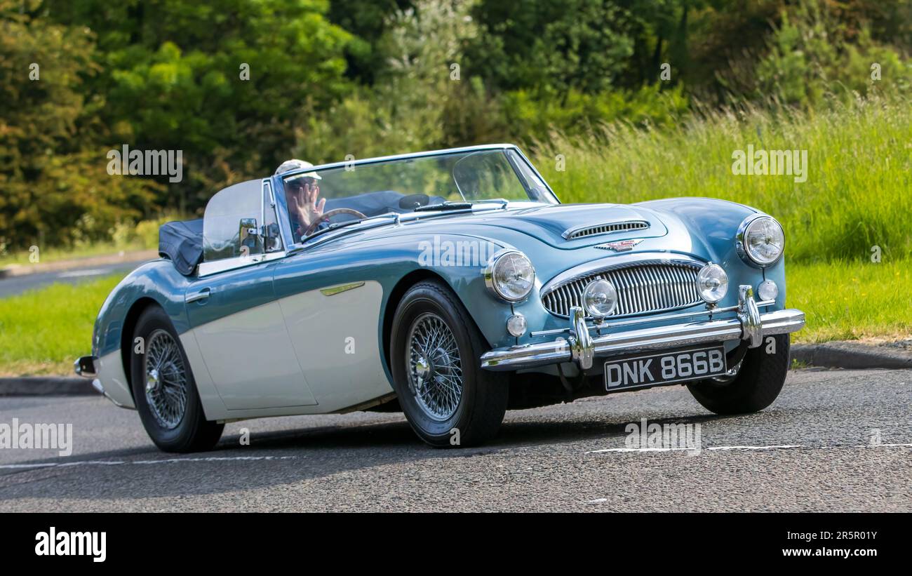 Stony Stratford, Royaume-Uni - 4 juin 2023: 1964 bleu AUSTIN HEALEY 3000 voiture classique voyageant sur une route de campagne anglaise. Banque D'Images