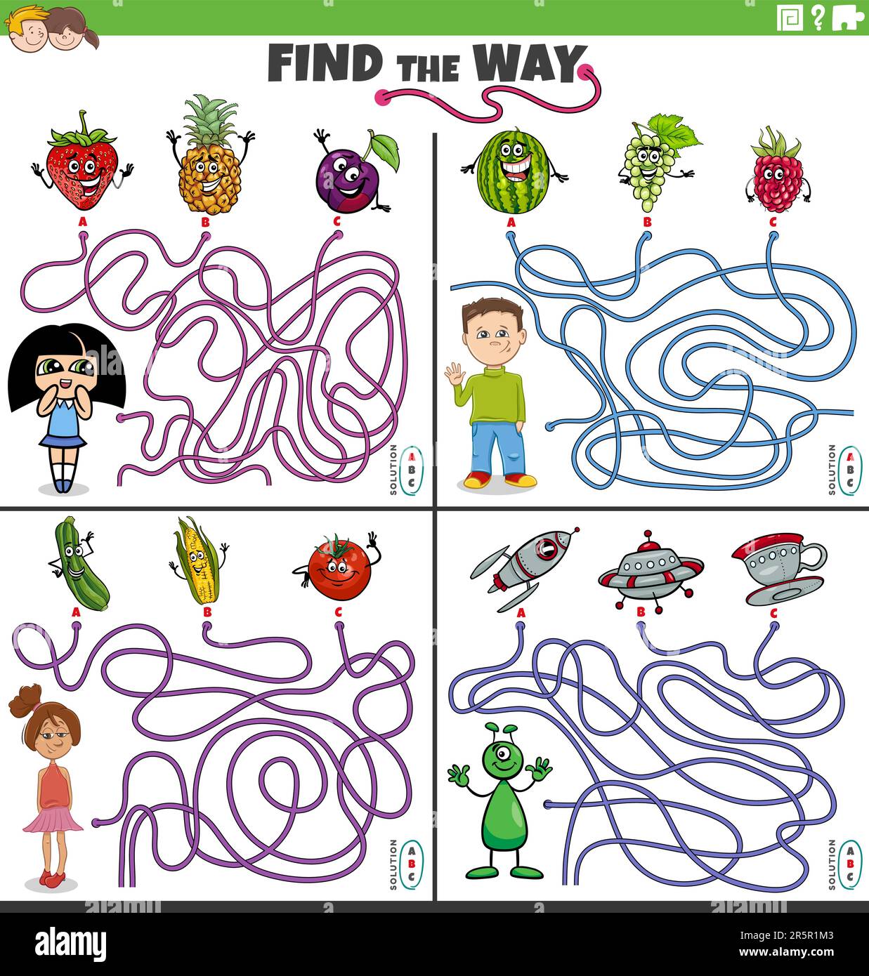 Illustration de dessin animé de trouver la manière labyrinthe jeux de puzzle avec des enfants et des personnages de bande dessinée Illustration de Vecteur