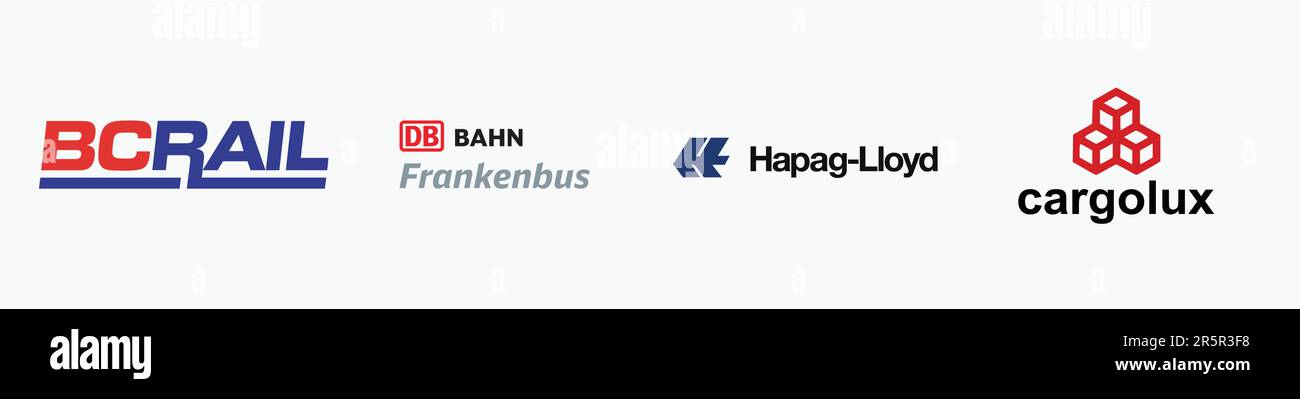 Logo CARGOLUX, logo DB BAHN FRANKENBUS, logo HAPAG LLOYD, logo BC RAIL, logo vecteur éditorial sur papier blanc. Illustration de Vecteur