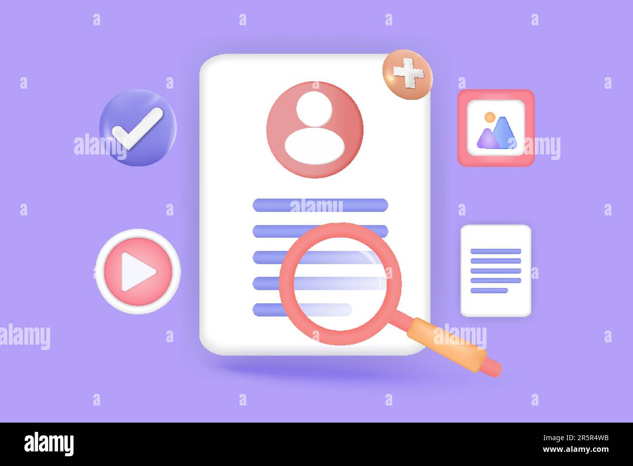 3d recherche concept d'image, de vidéo, de gestion de fichiers multimédia, de base de données de documents avec protection de sécurité. Note de la liste de contrôle à faire, stockage multimédia, icône docs c Illustration de Vecteur