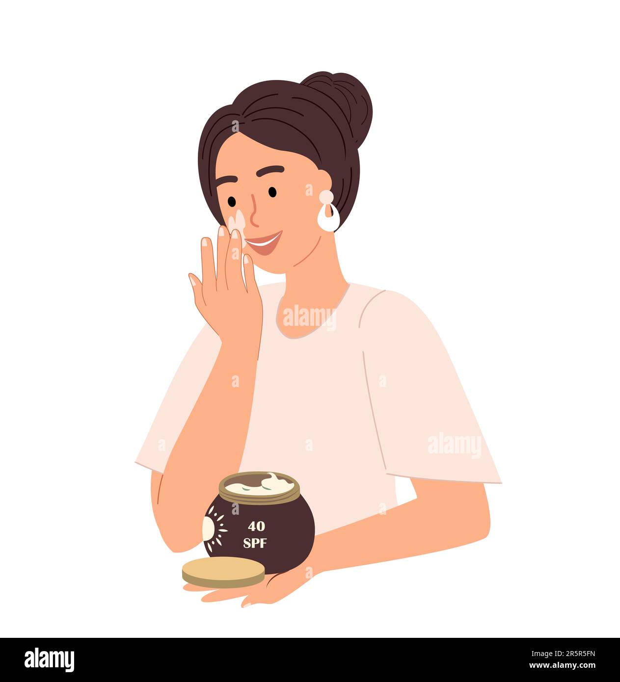 Jeune femme appliquer crème de protection SPF.femmes soin du visage routine.crème solaire produits crème solaire.anti-UV crème,lotions.femme utiliser la protection de la peau.plat VE Banque D'Images