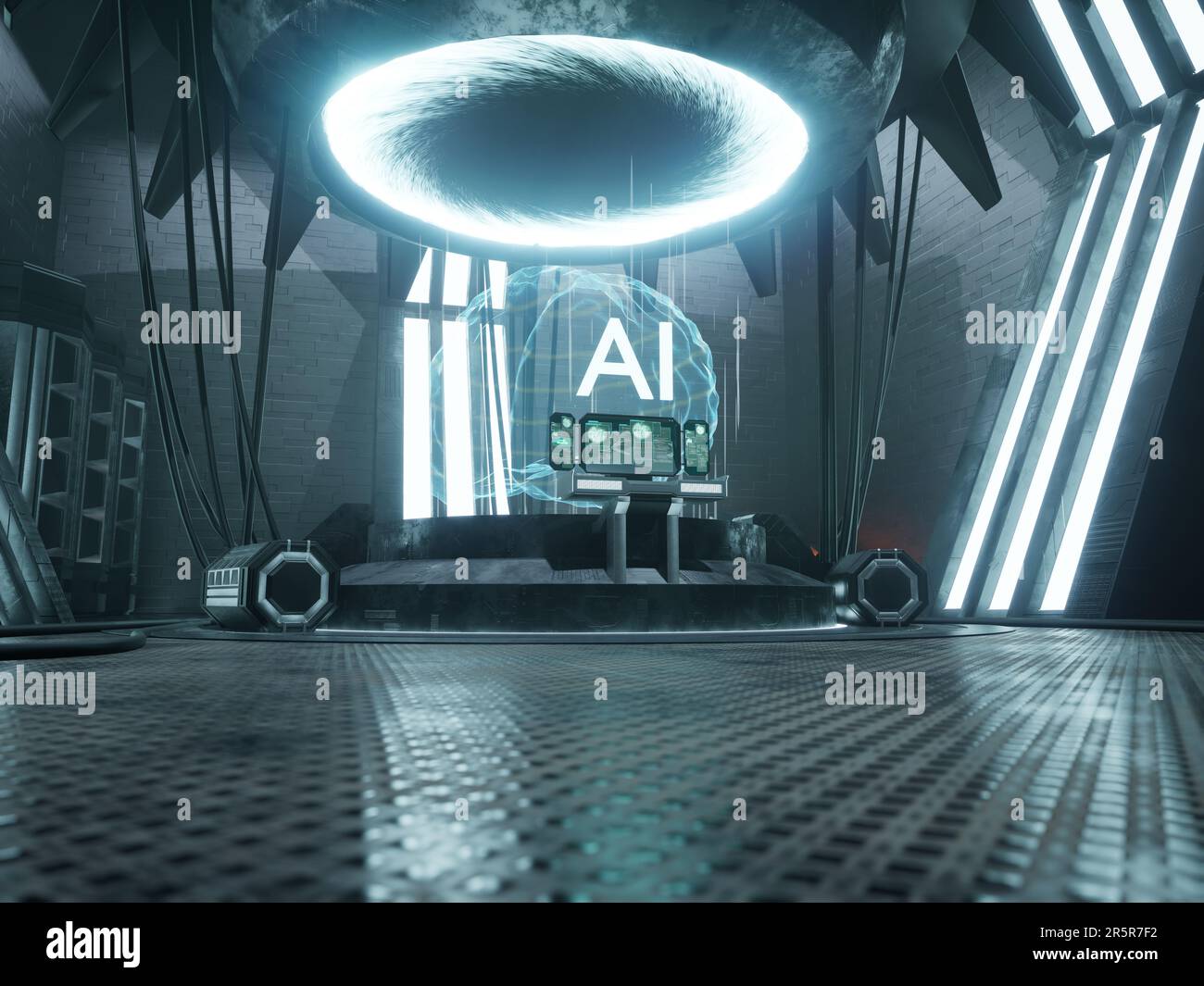 Concept d'intelligence artificielle avec Dataset et cloud computing, technologie Big Data d'intelligence artificielle. Apprentissage machine moderne avec processus de codage, réseau neuronal. 3d animation de rendu. Banque D'Images