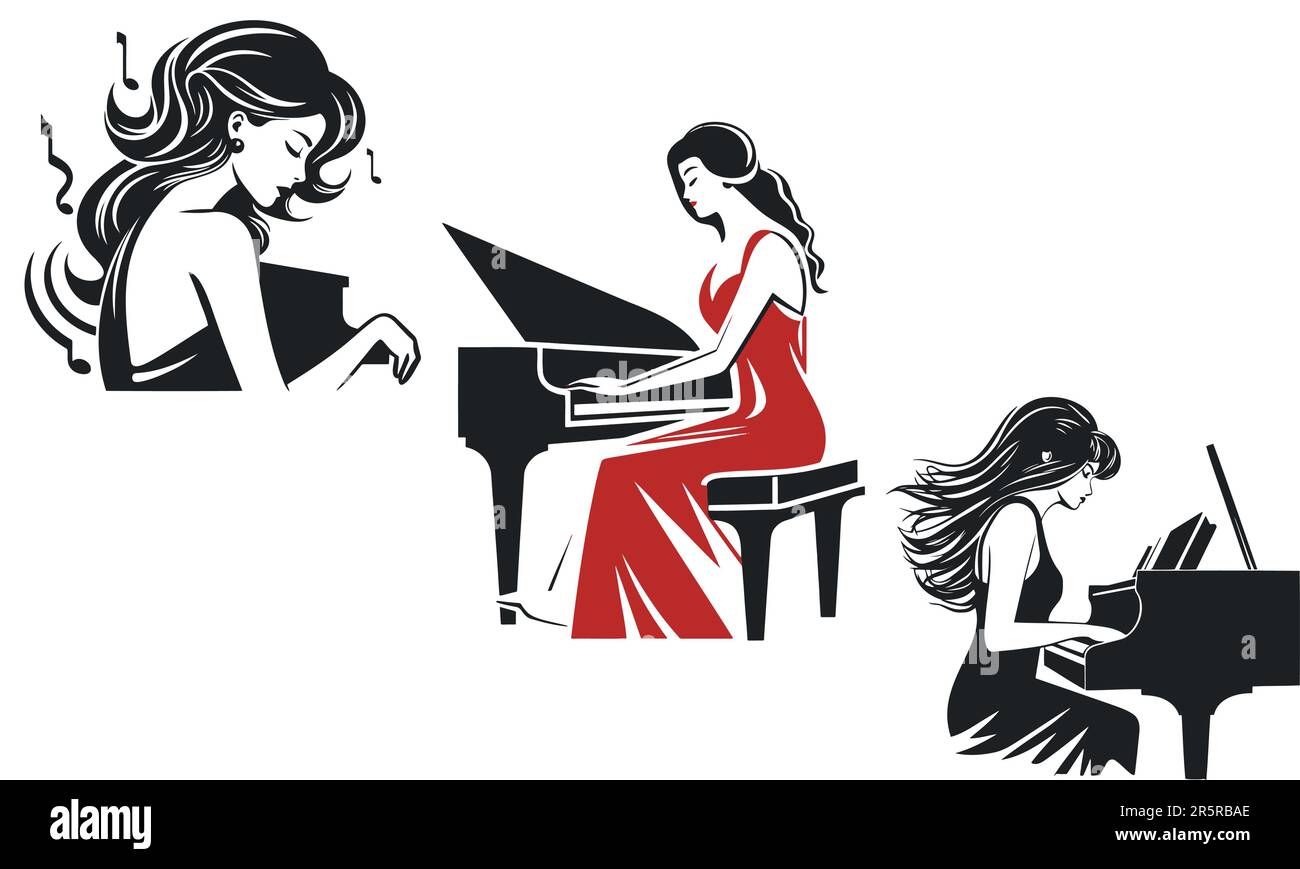 Set pianiste jouant le piano simple noir vecteur silhouette illustration. Illustration de Vecteur