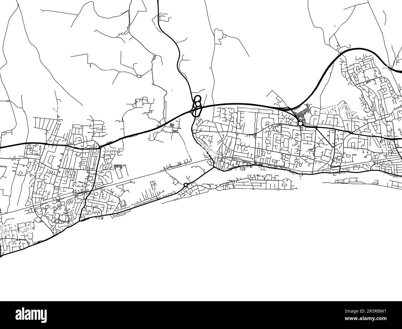 Carte routière de la ville de Shoreham-by-Sea au Royaume-Uni sur fond blanc. Banque D'Images