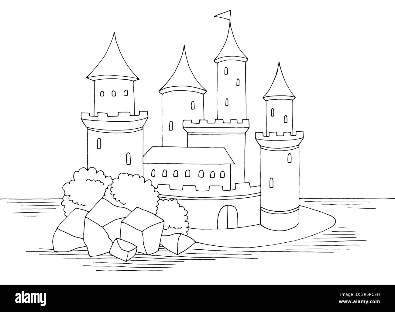 Château sur l'île graphique noir blanc paysage esquisse vecteur Illustration de Vecteur