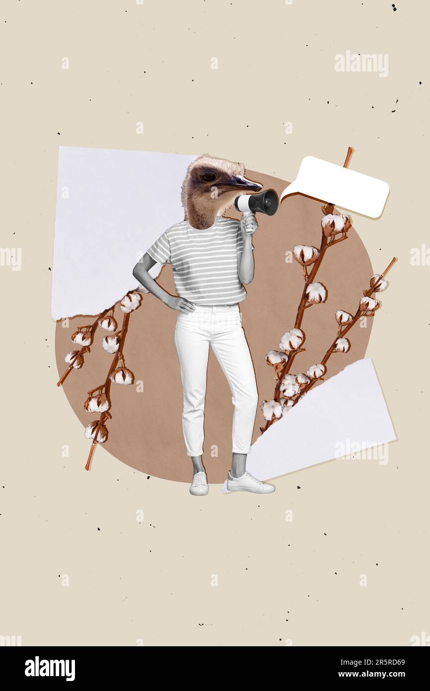 Image absurde collage drôle illustration de l'autruche tête animal discours annonce de nouvelles de haut-parleur isolé sur fond beige Banque D'Images