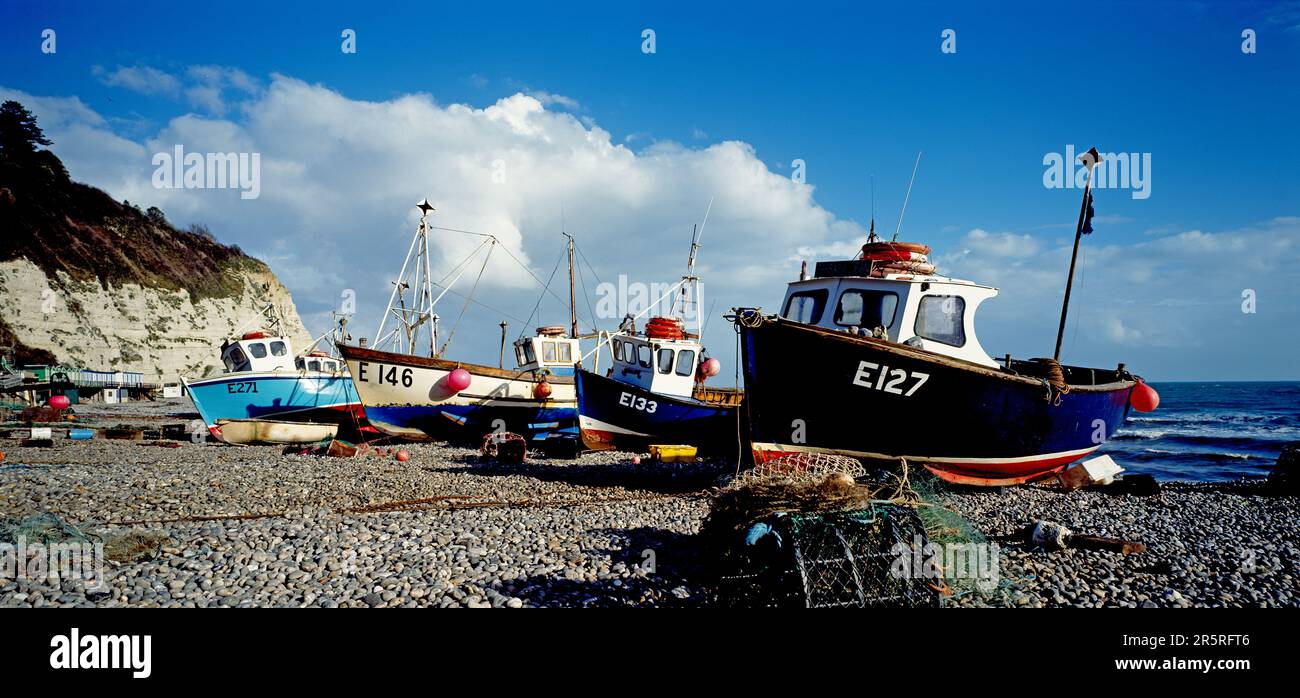 Angleterre. Devon. Bière. Bateaux de pêche sur la plage de galets. Banque D'Images