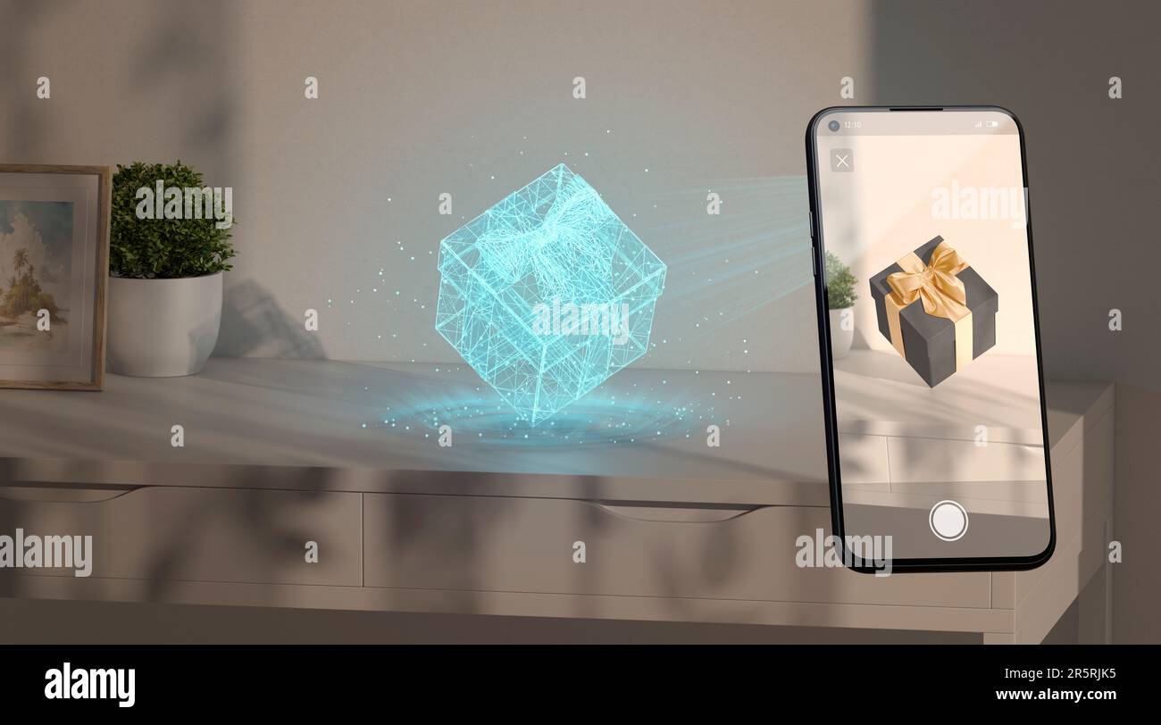 Coffret cadeau hologramme support sur écran téléphone de table réalité augmentée, rendu 3D. Vide intégration de l'interaction vr sur le smartphone. Interprétation réaliste en ligne Banque D'Images