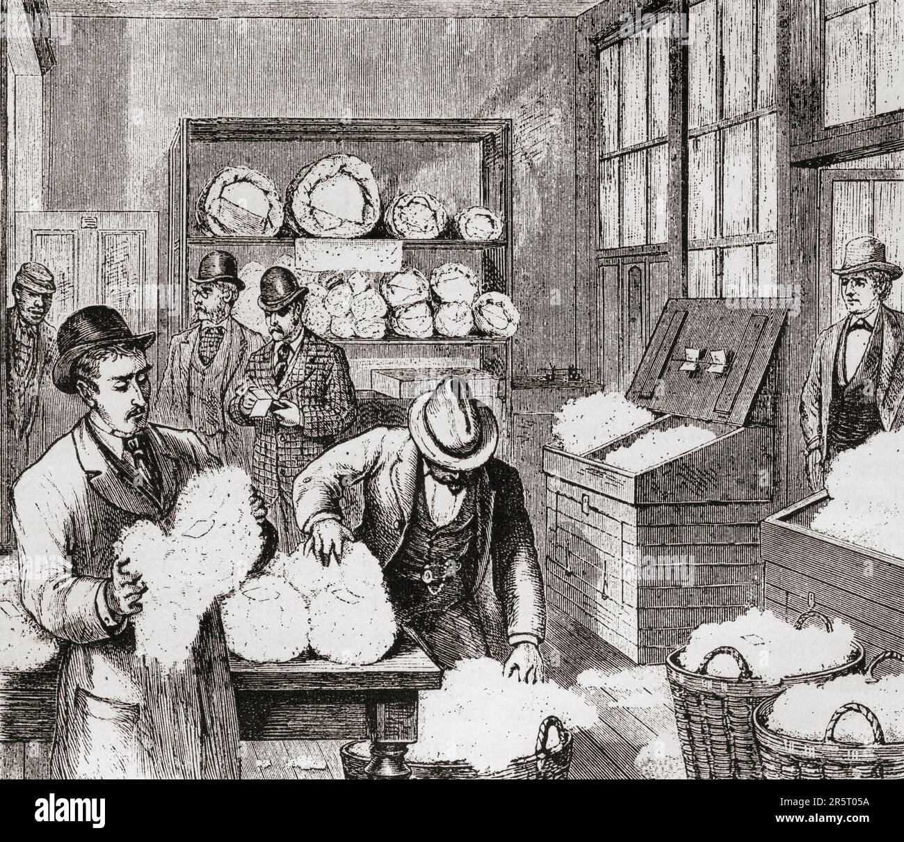 Acheteurs examinant des échantillons de coton, Géorgie, Etats-Unis, 19th siècle. De l'Amérique revisité: De la baie de New York au golfe du Mexique, publié en 1886. Banque D'Images