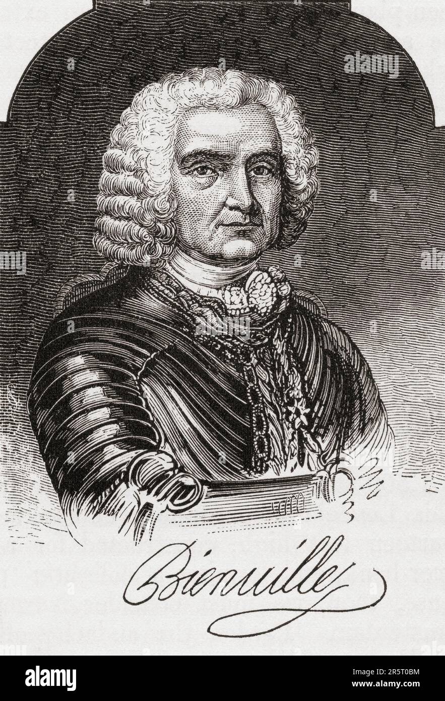 Jean-Baptiste le Moyne de Bienville, 1680 – 1767, alias Sieur de Bienville. Portrait et signature. Administrateur colonial français en Nouvelle-France. De l'Amérique revisité: De la baie de New York au golfe du Mexique, publié en 1886. Banque D'Images