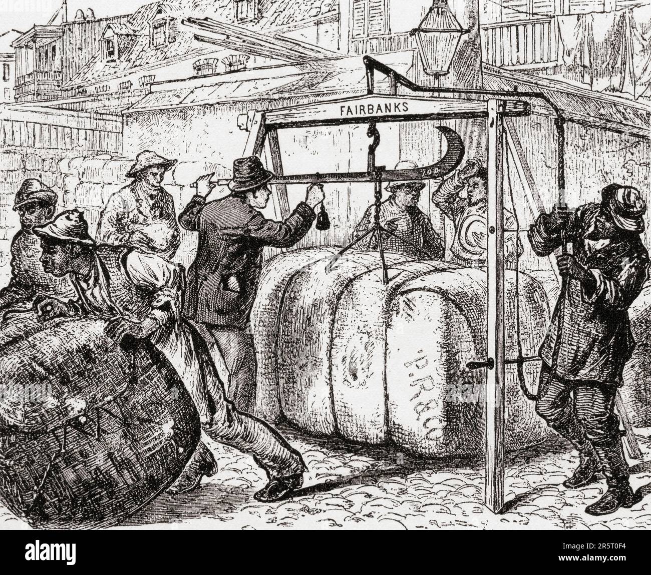 Travailleurs pesant des balles de coton dans le port de la Nouvelle-Orléans, Louisiane, États-Unis, 19th siècle. De l'Amérique revisité: De la baie de New York au golfe du Mexique, publié en 1886. Banque D'Images