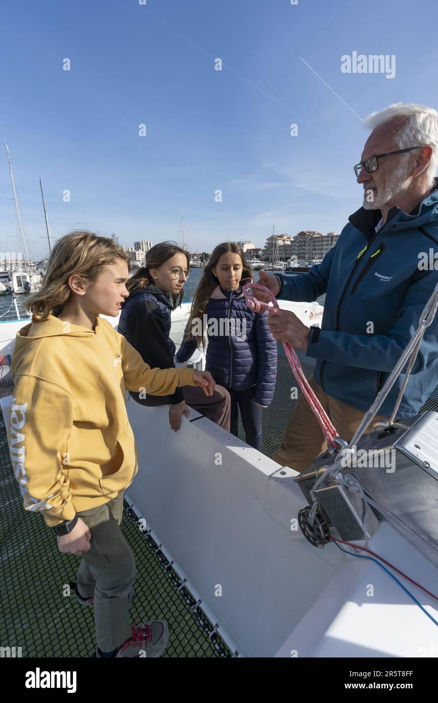 France, Gironde, bassin d'Arcachon, le SeaKite est le résultat de la transformation de l'hydraplaneur, le catamaran de record de vitesse créé par le navigateur et ingénieur Yves Parlier. Il a été entièrement repensé pour devenir le laboratoire de traction kite Banque D'Images