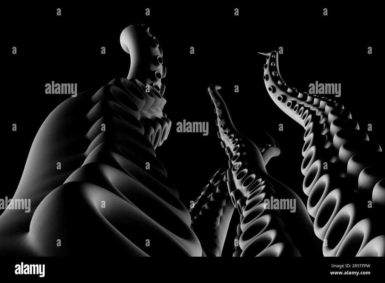 Tentacules noirs d'un poulpe ou d'un monstre sur fond sombre. Illustration en tant qu'élément de conception pour les arrière-plans de conception Web ou les modèles de diaporama Banque D'Images