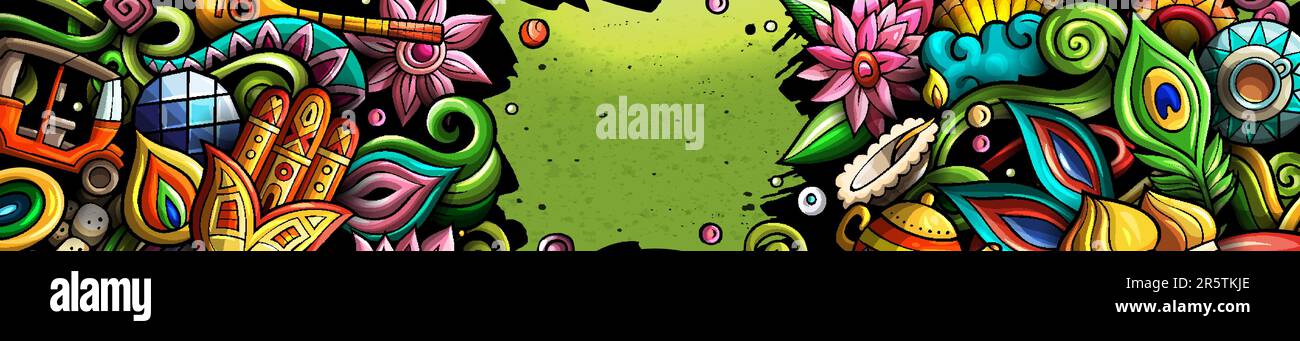 Bannière Inde tirée à la main.Prospectus détaillé de dessin animé.Identité indienne avec objets et symboles.Arrière-plan des éléments de conception à vecteur de couleur Illustration de Vecteur