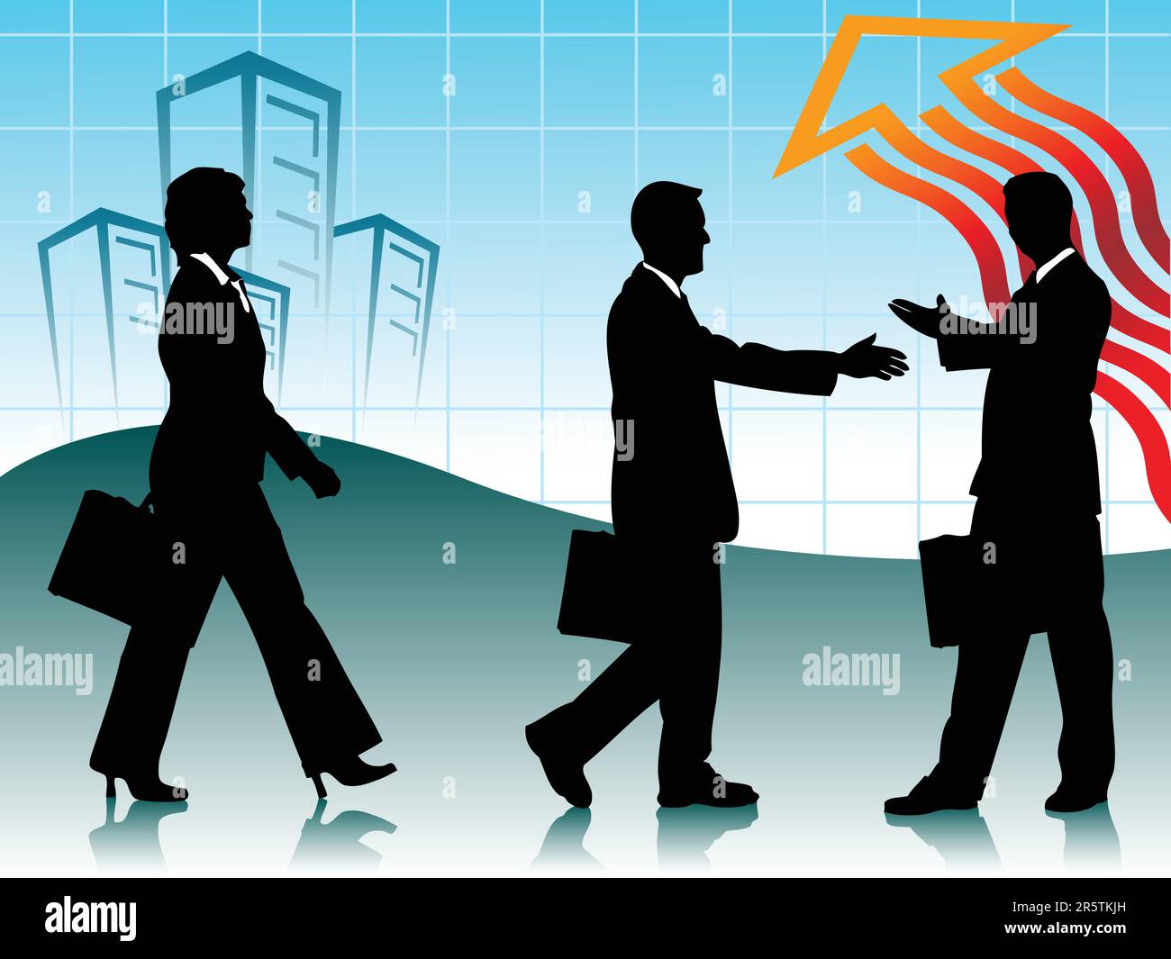deux hommes d'affaires qui se font la main et une femme d'affaires qui marche en face de la scène d'affaires Illustration de Vecteur