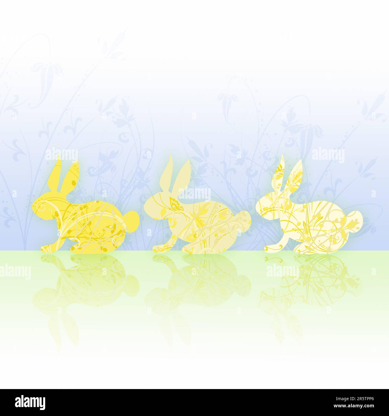 une série de trois lapins de pâques stylés sur une surface de réflexion pastel, avec des motifs printaniers tendres Illustration de Vecteur