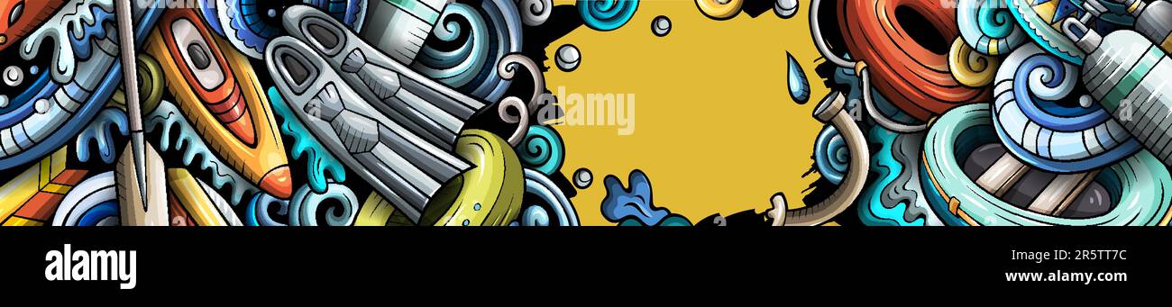 Banderole pour les sports nautiques à la main. Brochure détaillée du vecteur de dessin animé. Illustration avec objets et symboles de sport d'été. Fond horizontal coloré Illustration de Vecteur