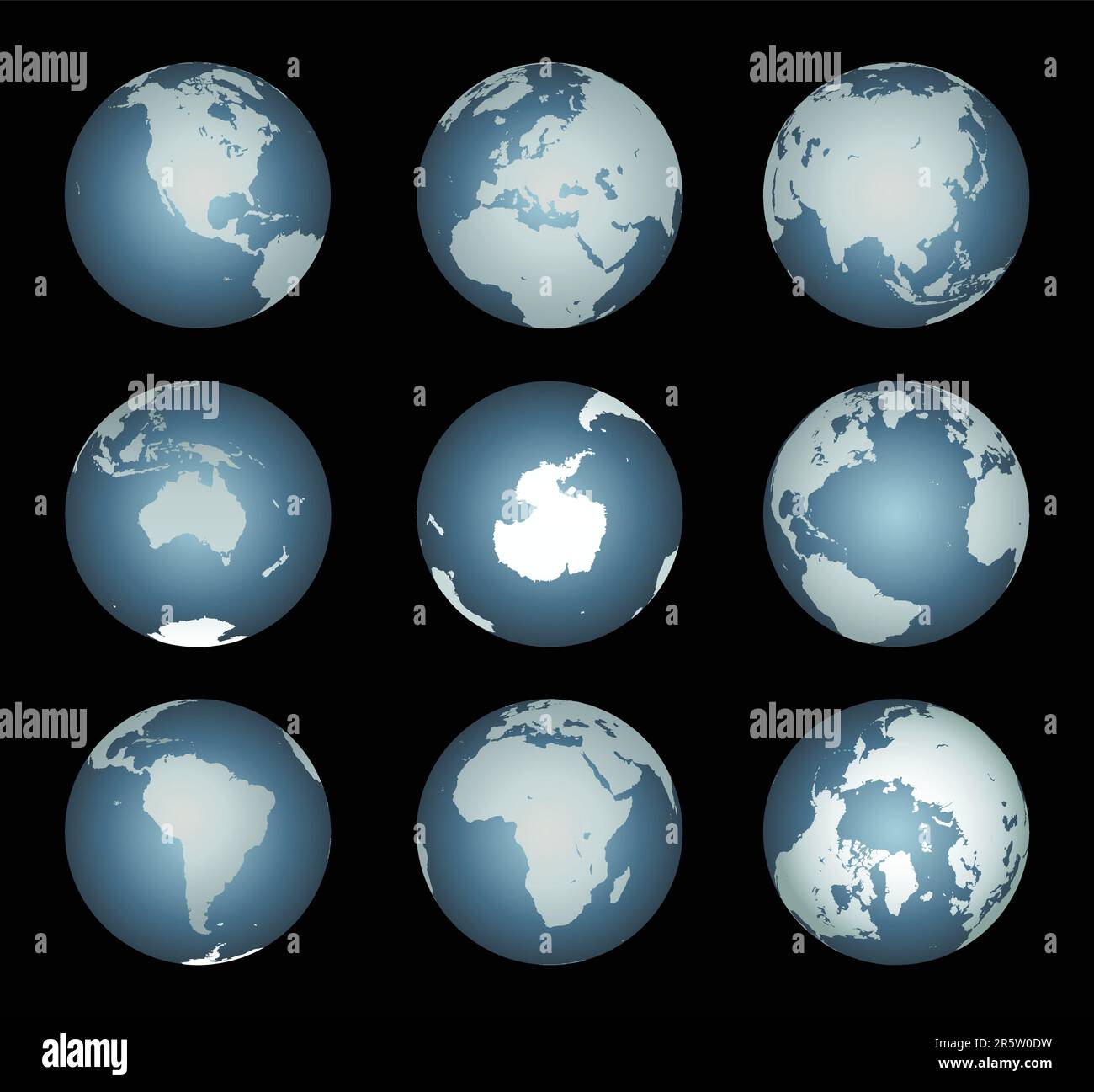 Continents mondiaux (Vector). Carte précise sur un globe. Inclut l'Antarctique, l'Arctique, l'Atlantique. Les détails incluent les petites chaînes d'îles, les lacs et les mers. Illustration de Vecteur