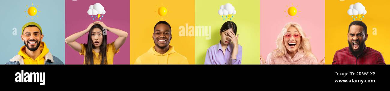 Trouble bipolaire. Des personnes multiethniques avec une humeur émotionnelle différente posant sur des arrière-plans colorés Banque D'Images