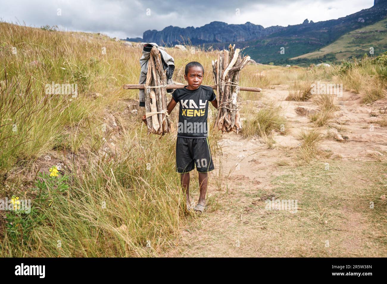 Parc national Andringitra, Madagascar - 27 avril 2019: Jeune malgache inconnu marchant sur une route poussiéreuse, portant du bois de chauffage sur ses épaules depuis Mo Banque D'Images