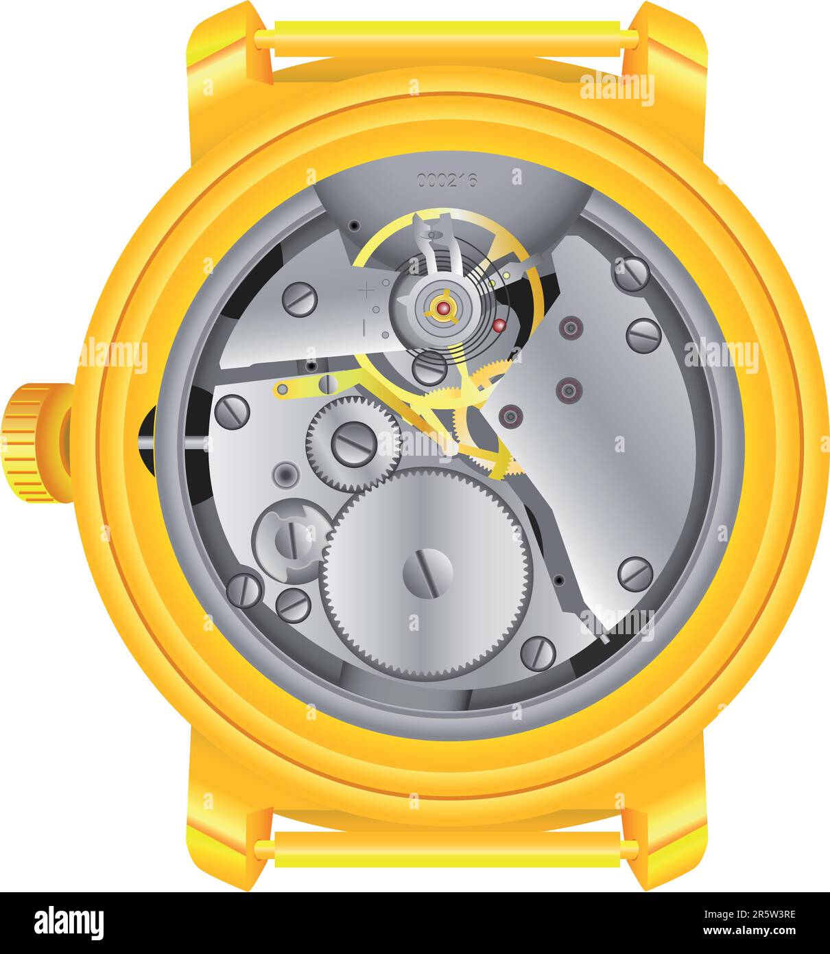 Le mécanisme des heures dans le cas doré sur fond blanc Illustration de Vecteur