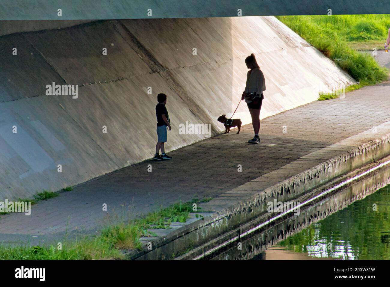 silhouette de mère enfant et chien sur le canal forth et clyde sous le pont Banque D'Images