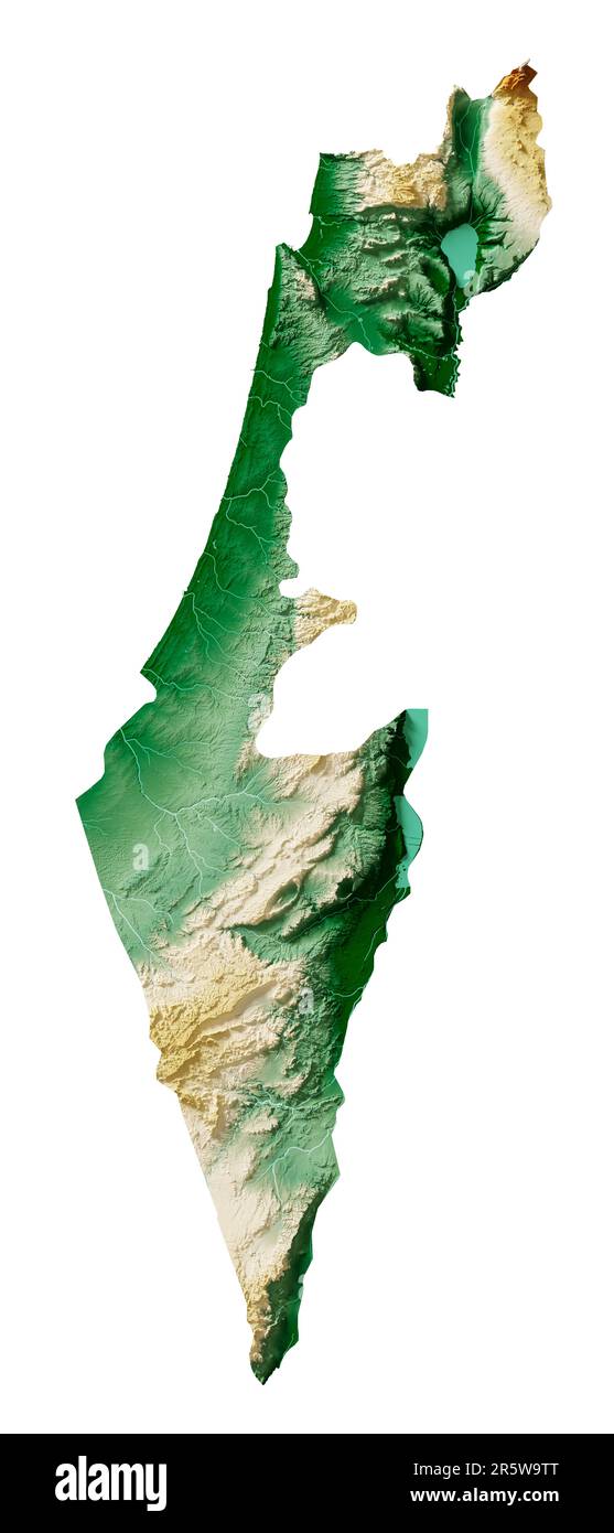 Israël. Rendu 3D très détaillé d'une carte de relief ombrée avec rivières et lacs. Coloré par élévation. Arrière-plan blanc. Créé avec des données satellite. Banque D'Images