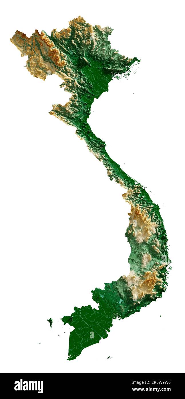 Vietnam. Rendu 3D très détaillé d'une carte de relief ombrée avec rivières et lacs. Coloré par élévation. Arrière-plan blanc. Créé avec des données satellite. Banque D'Images