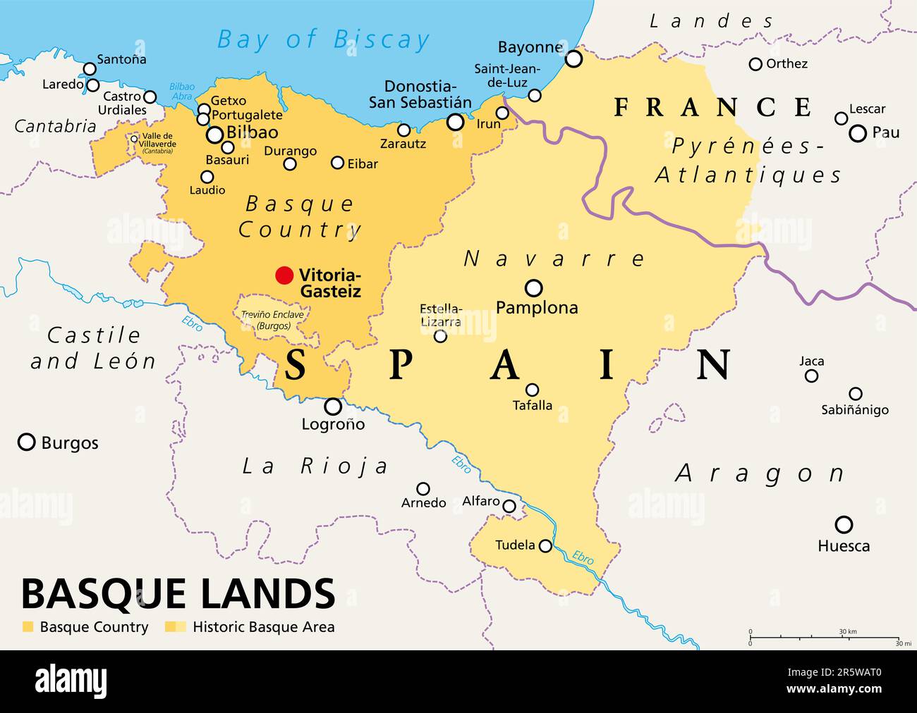 Terres basques, carte politique. Pays basque, communauté autonome d'Espagne, avec la capitale Vitoria-Gasteiz, en orange. Banque D'Images