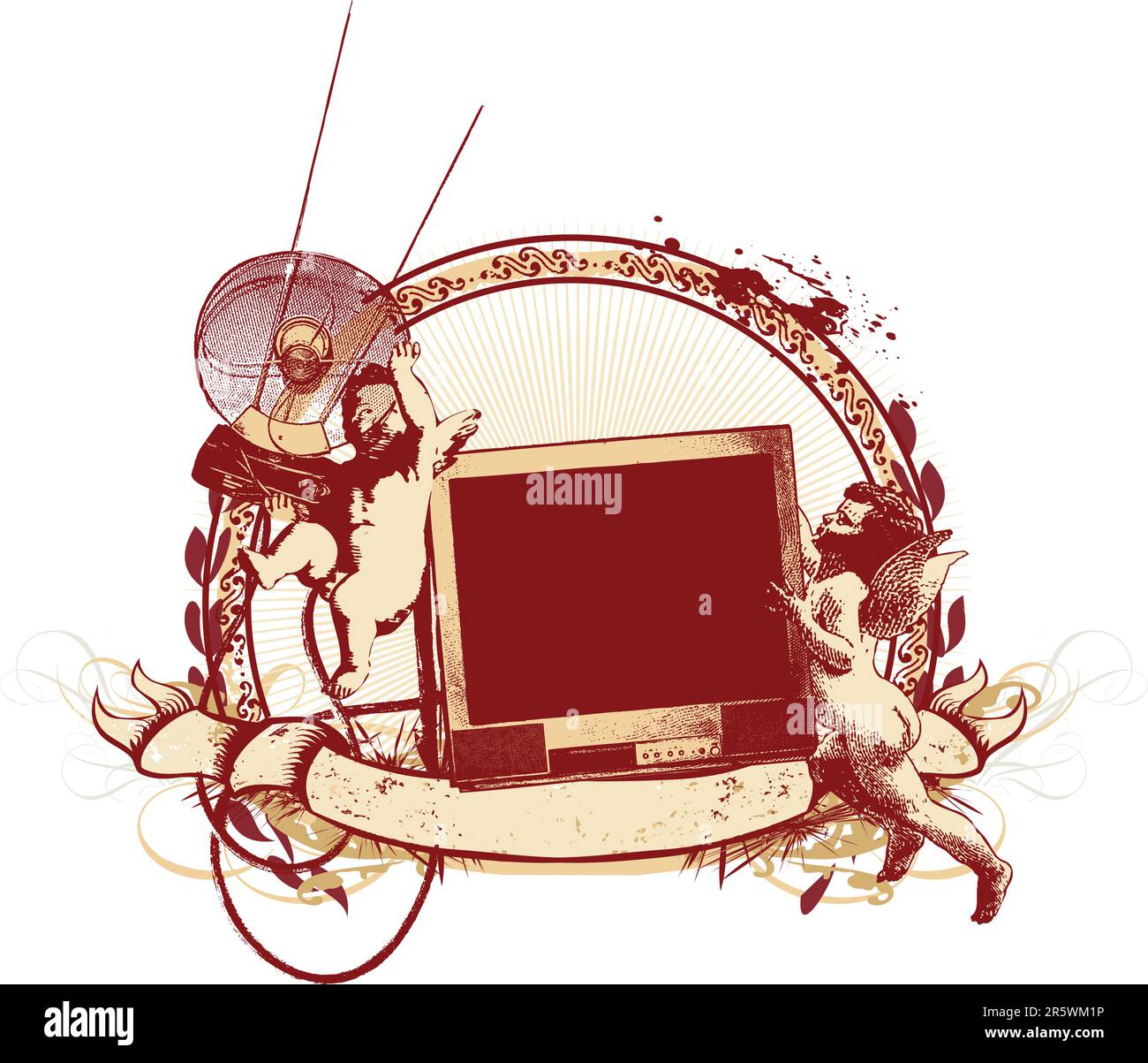 Insigne du vecteur et de bannière. Deux jolies cupids essayant de trouver une chaîne de télévision. Illustration de Vecteur