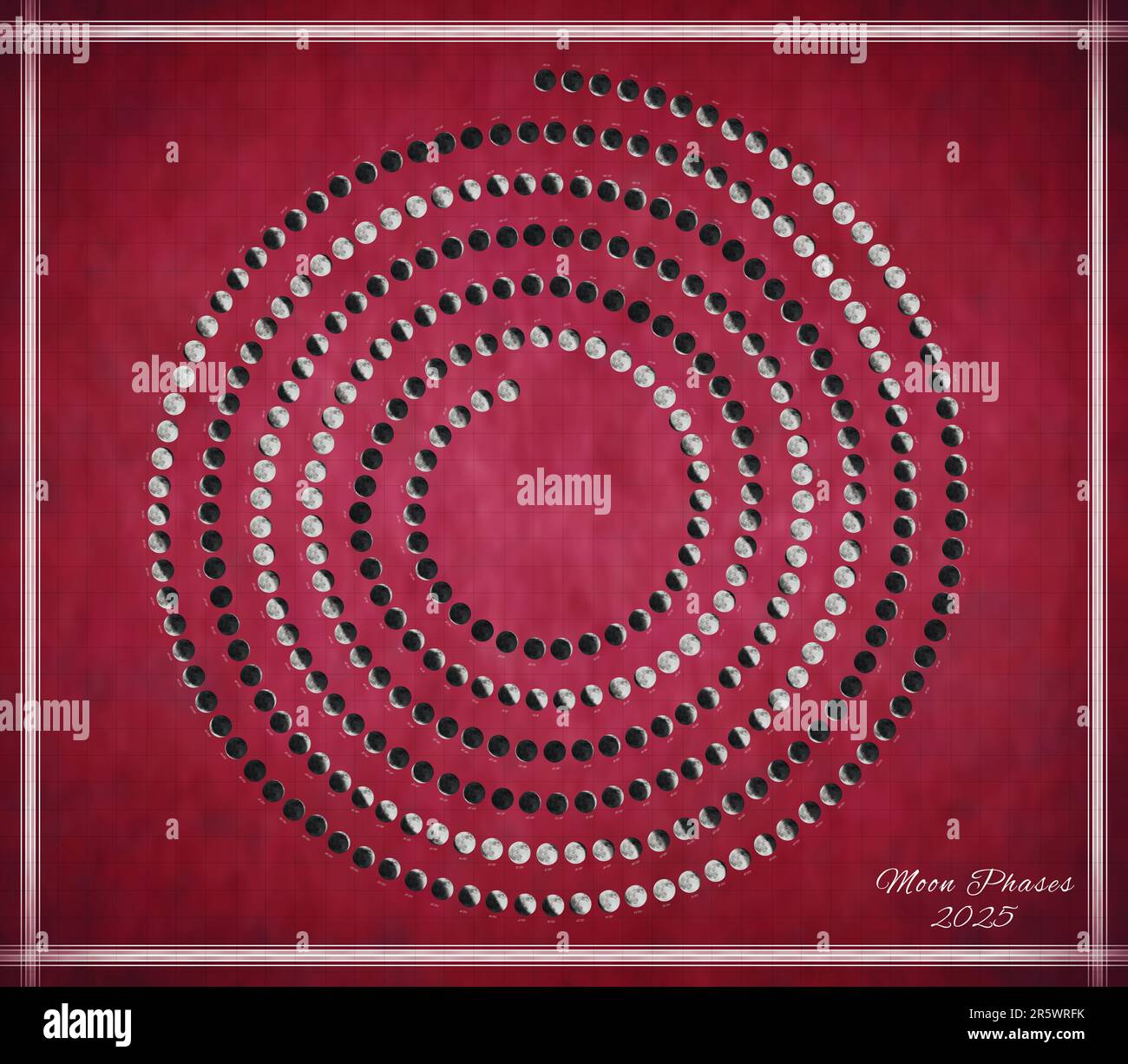 Calendrier lunaire 2025, phases de la lune en spirale sur fond rouge
