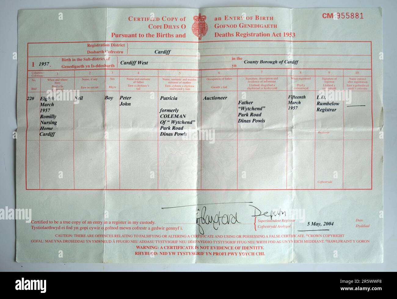 Certificat de naissance gallois Banque D'Images