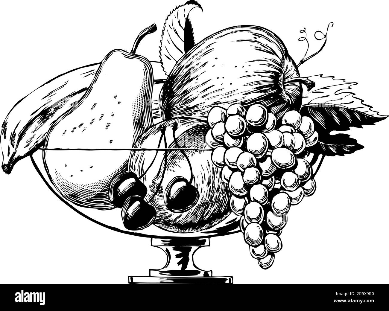 Bol à fruits vintage de style gravé en 1950s ; noir et blanc détaillé à partir d'authentiques planches à gratter dessinées à la main. Illustration de Vecteur