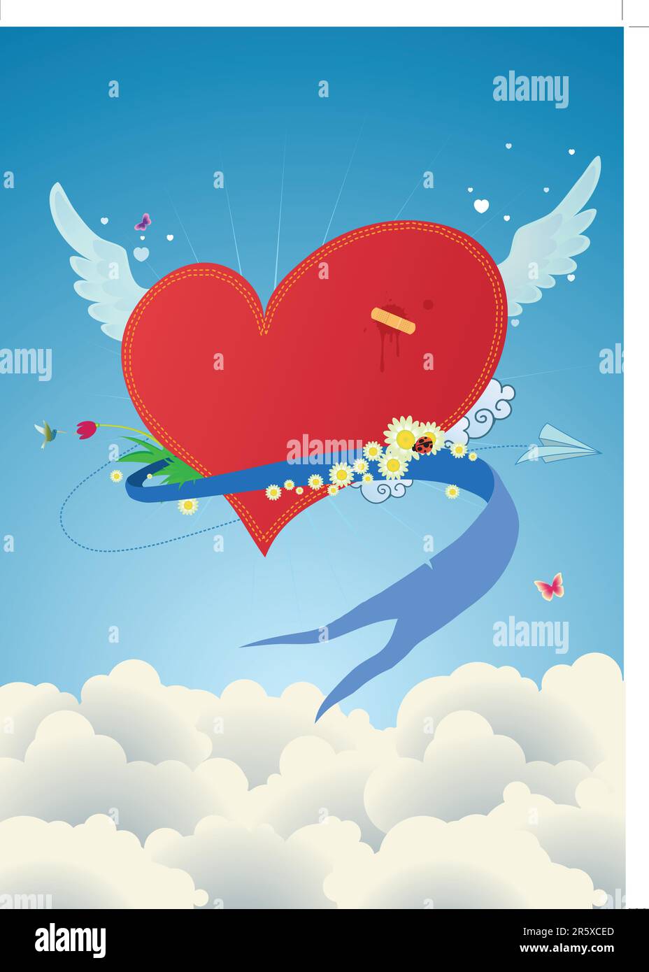 Funky Cool flying coeur rouge au-dessus des nuages. Grand pour la Saint-Valentin et cartes postales mariage Illustration de Vecteur